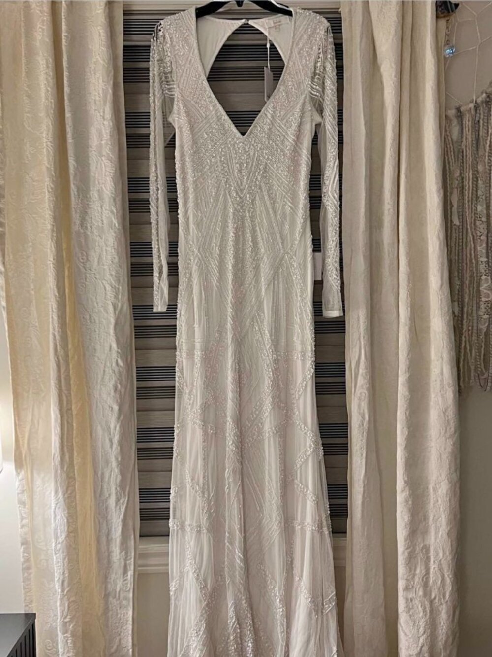 NWT Lulus Deedra White Sequin Beaded Backless Maxi Dress Large